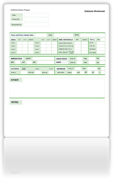 Artificial grass installation estimate worksheet form